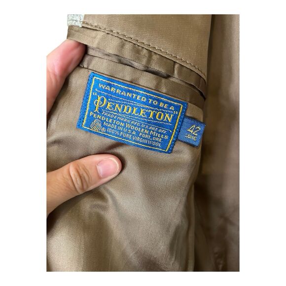 VTG Pendleton Mens Wool 2 Button Blazer Elbow Patches Sz 42L Long Tan - Picture 6 of 6